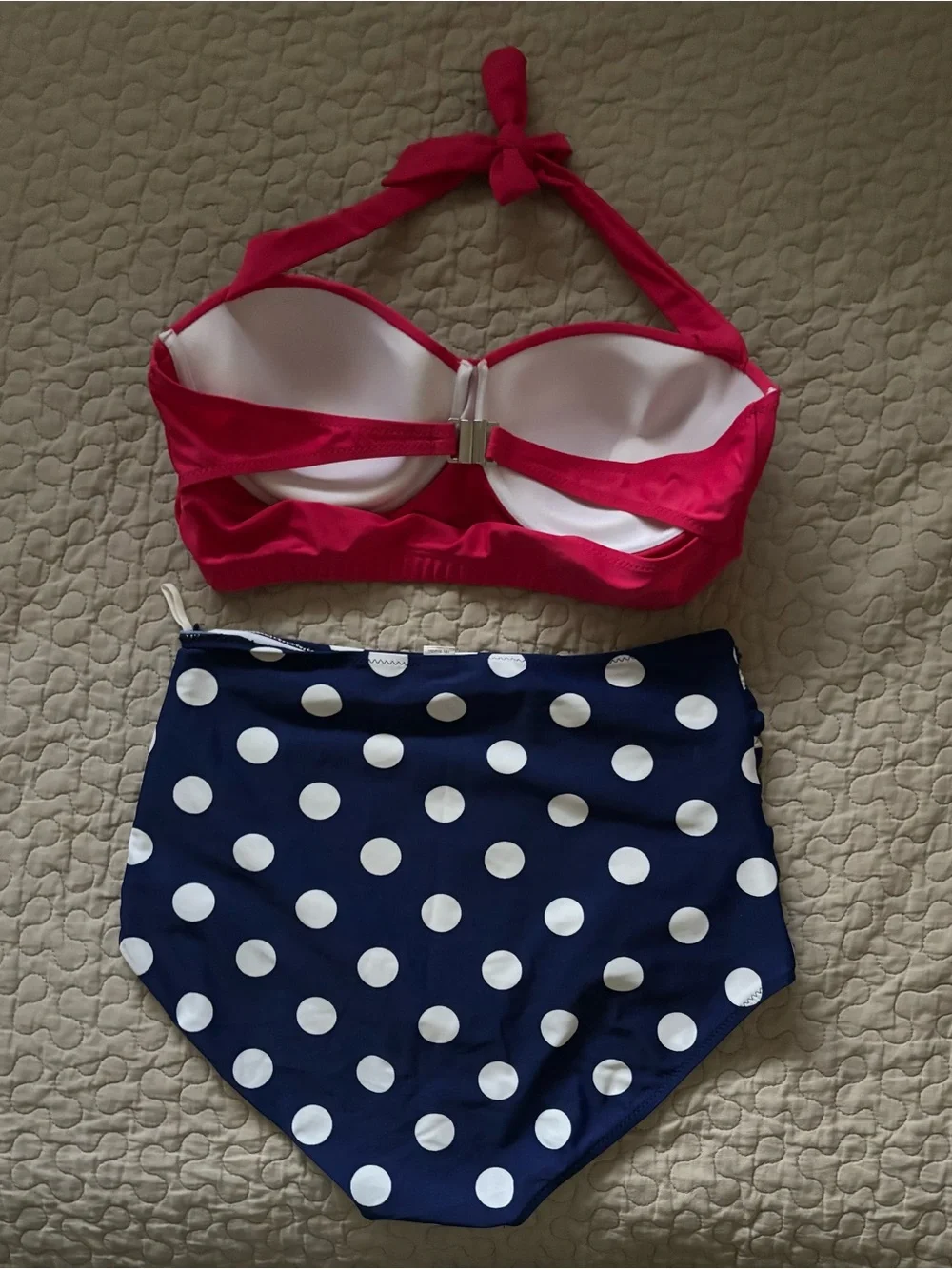 🌞Pink Bandeau Halter Bikini Top with Navy White Polka Dot Skirted Bottom